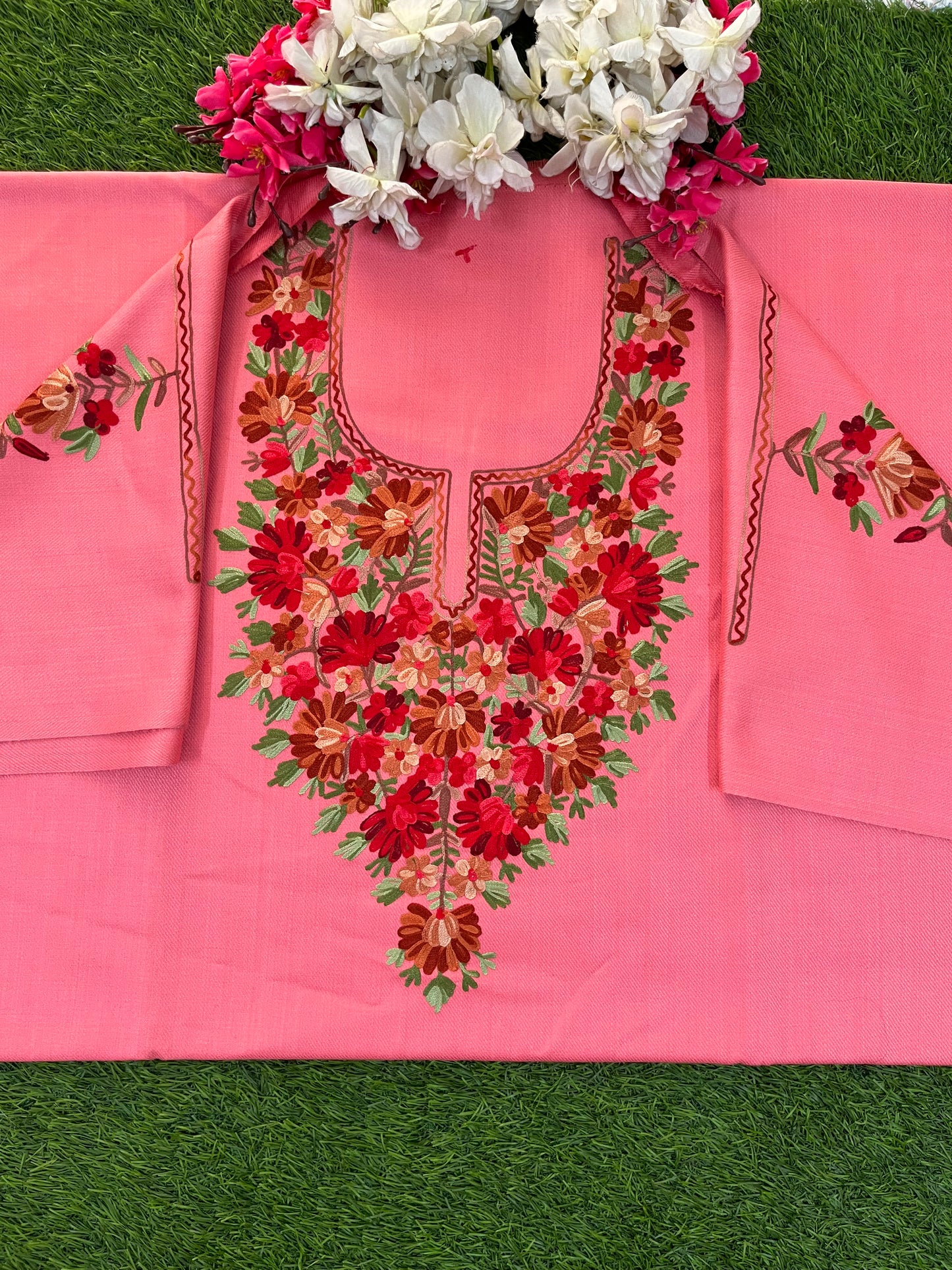 Pink Woollen Aari Embroidered 2pc suit 5mtr