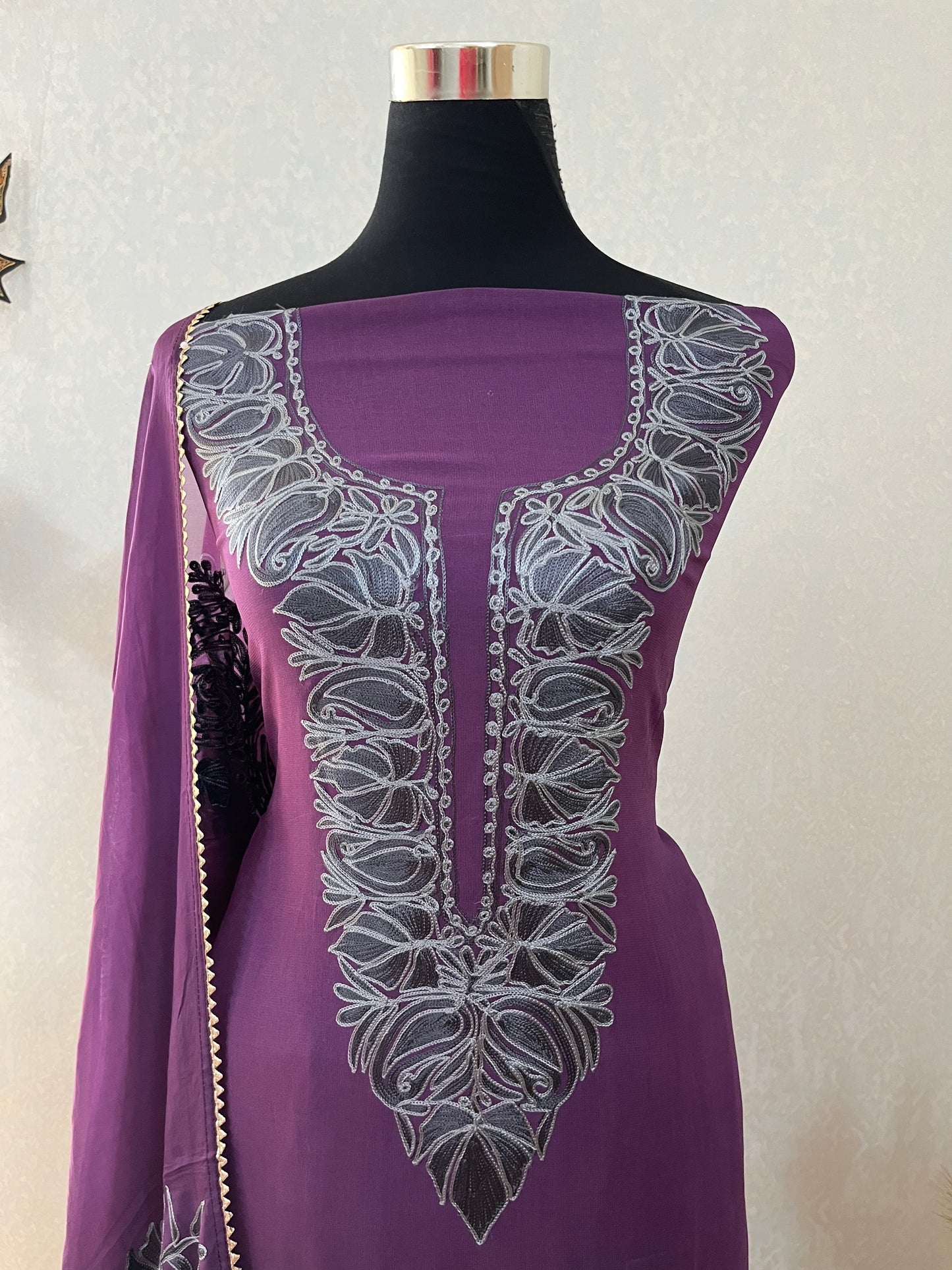Purple Pure Georgette 3 Pc Heavy Kashmiri Suit