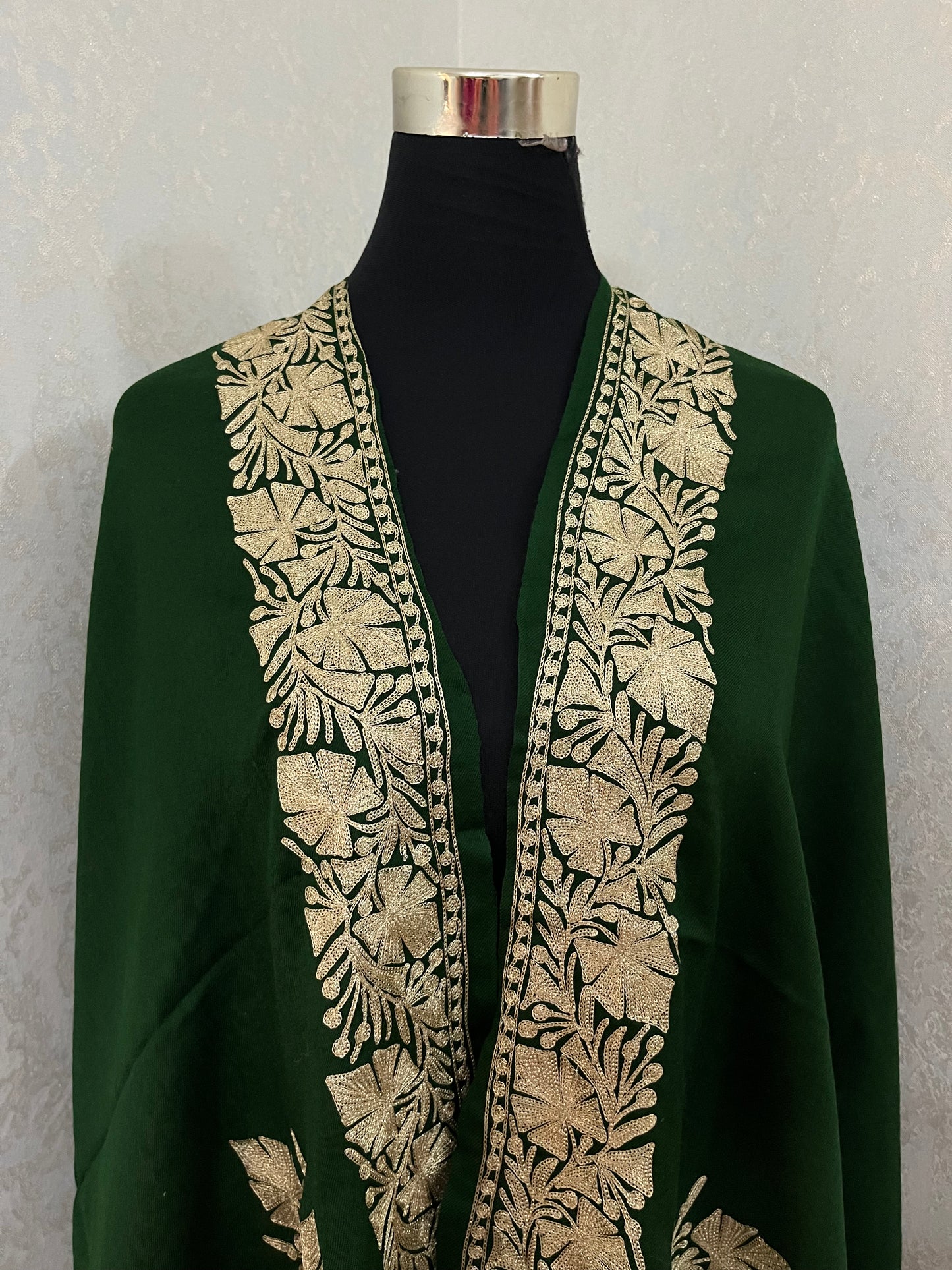 Bottle Green Semi Pashmina Tilla Embroidered stole