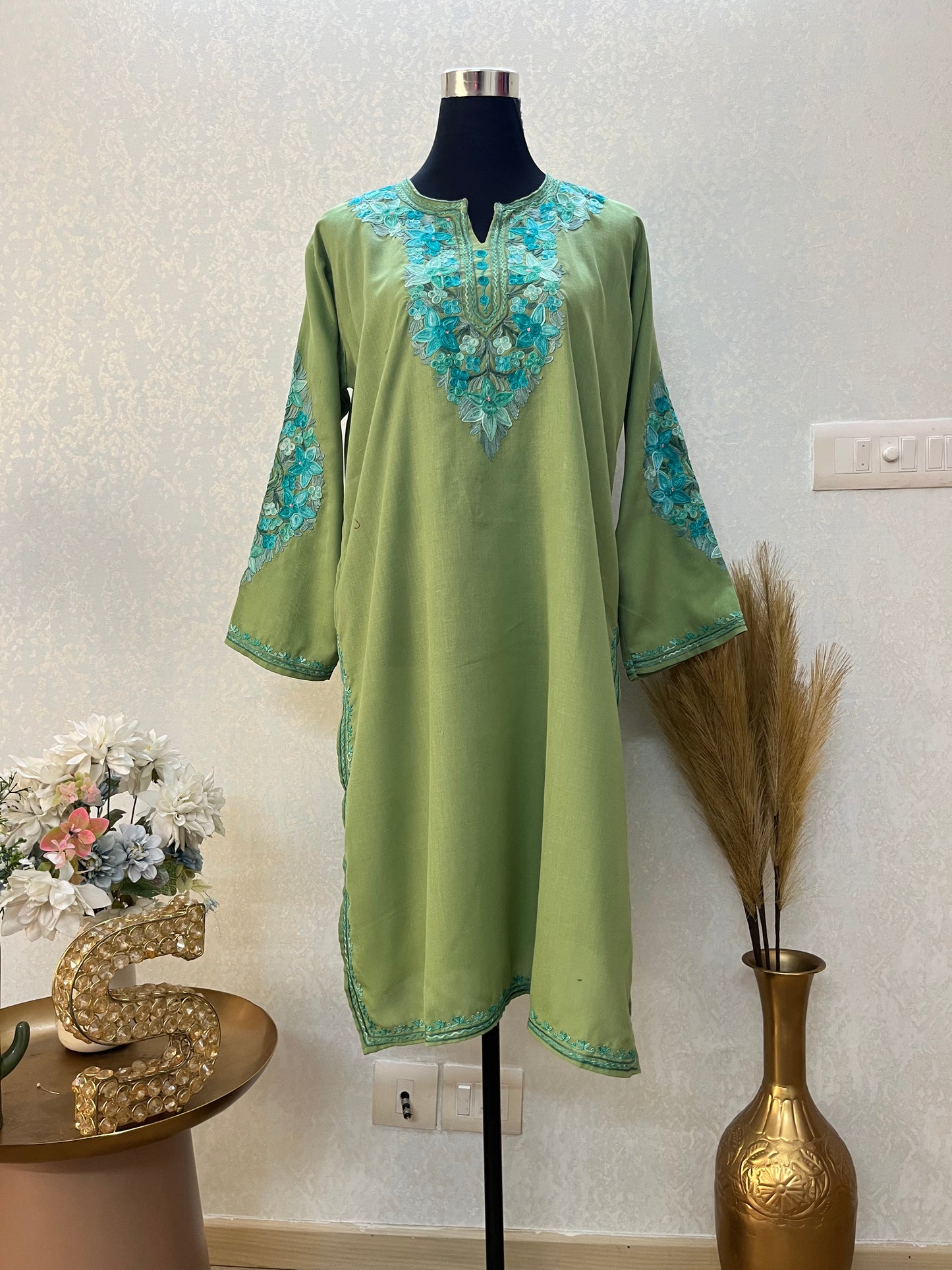 Green Cotton Aari Work Kurta
