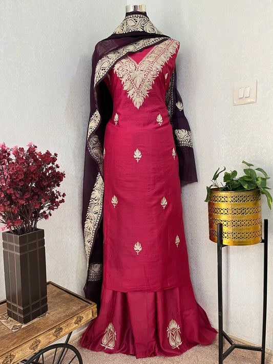Carrot Pink Chanderi Silk Kashmiri Suit