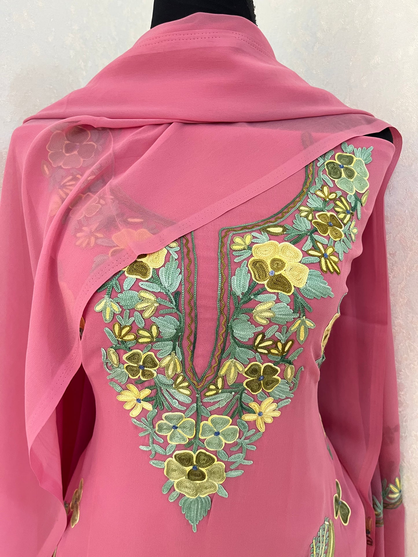 Onion Pink Georgette 3 Pc Aari Embroidered Suit