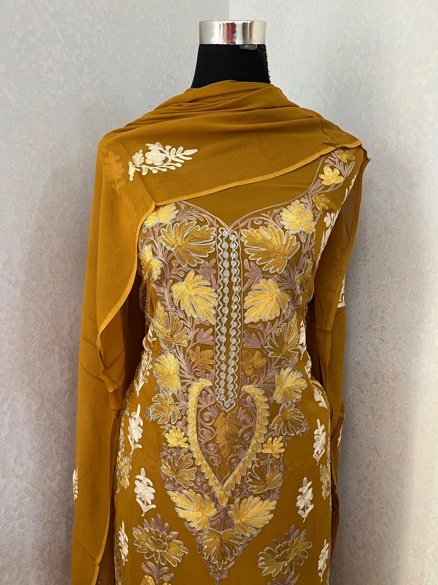 Mustard Pure Georgette 3 Pc Heavy Kashmiri Suit