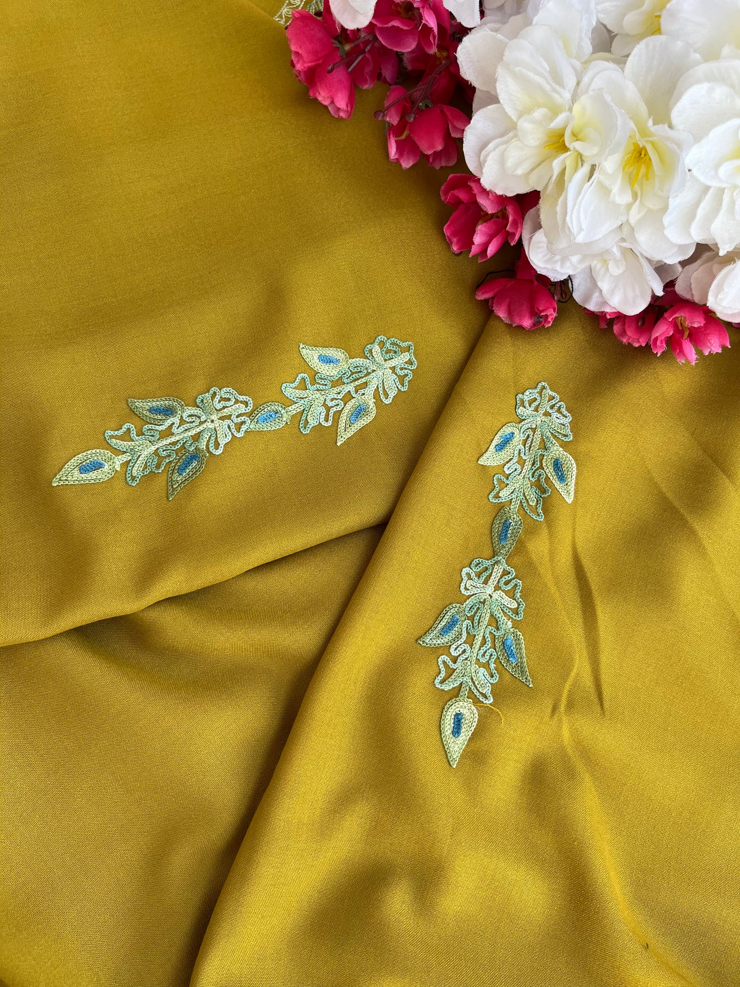 Yellow Green Ruby Pink Aari Embroidered 3pc set