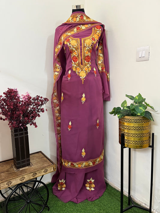Mauve Georgette 3 Pc Aari Embroidered Suit Set