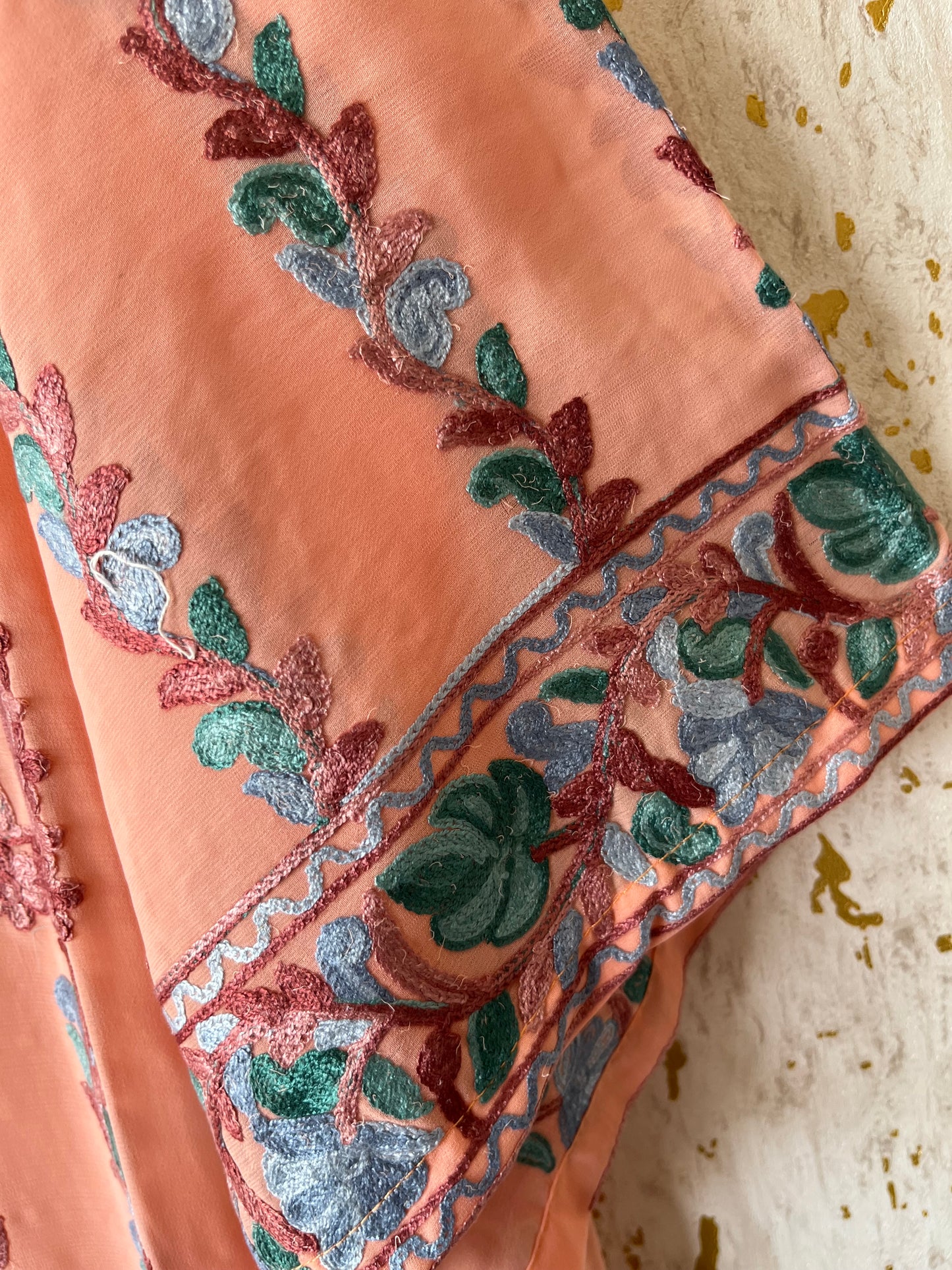 Peach Georgette All over Work Aari Embroidered Unstitched Kurta Material