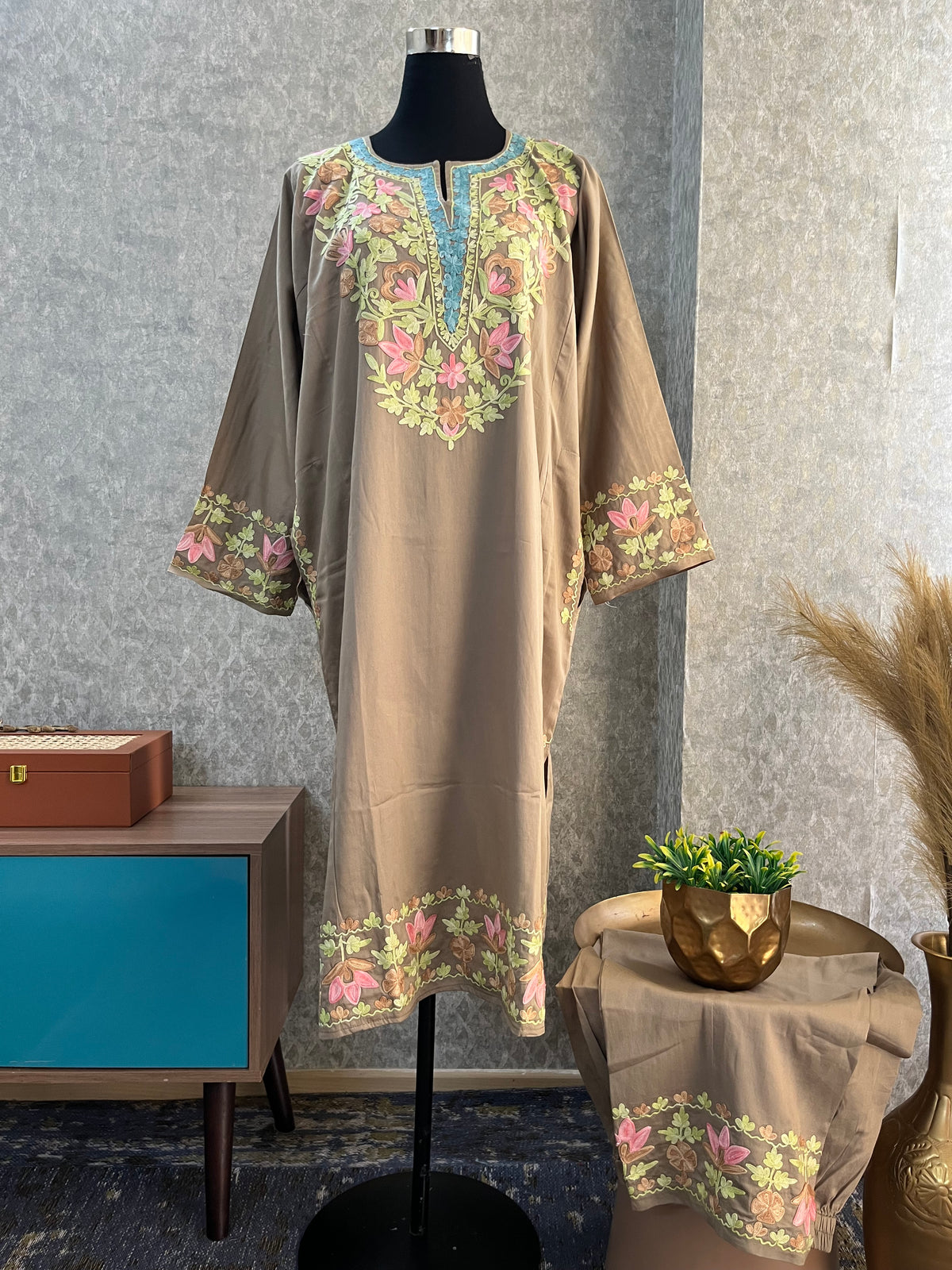 Beige Cotton Front Jaal Pheran Set  Size(44)
