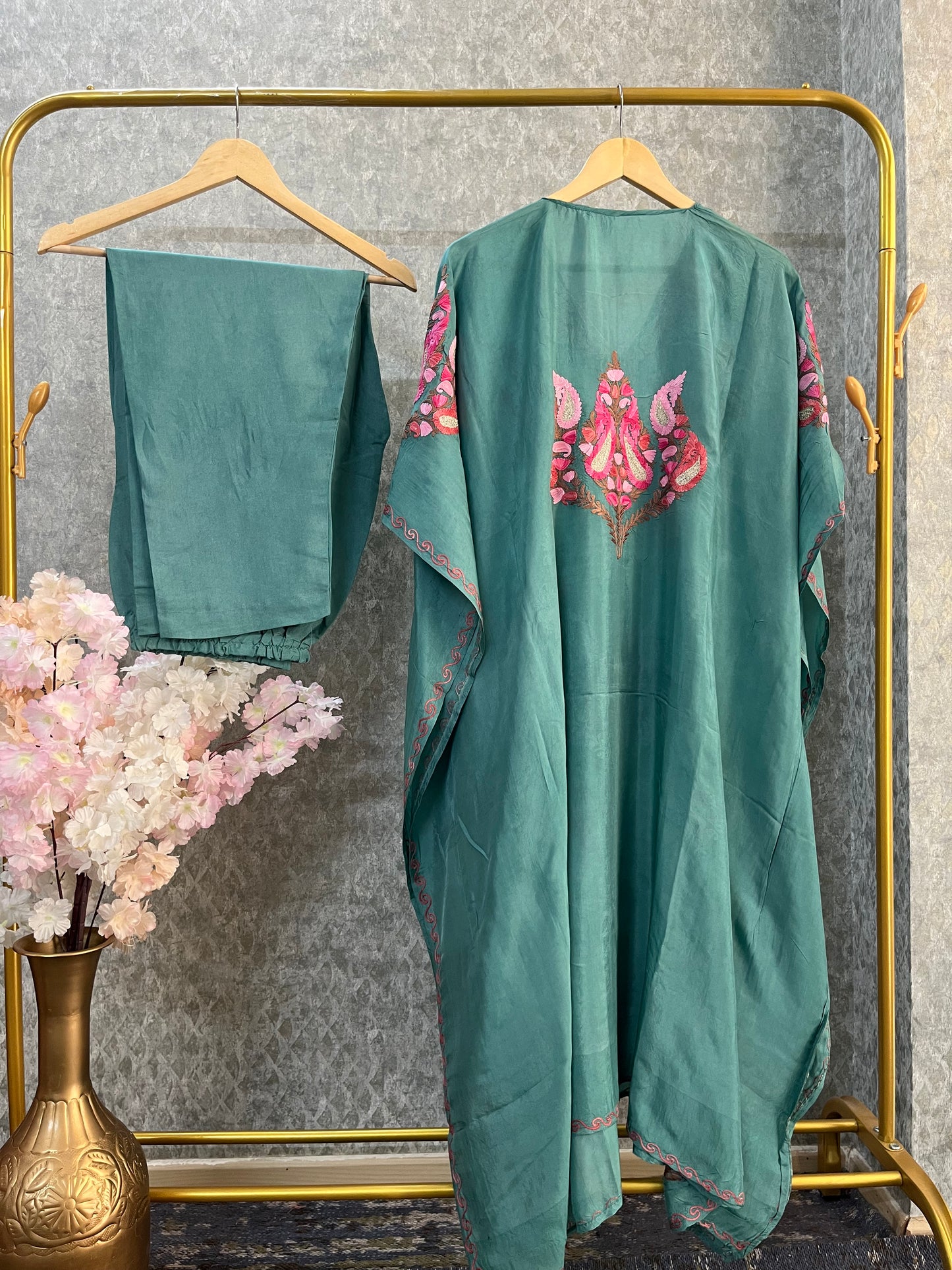 Soft Green Opada Silk Kashmiri Kaftan Set