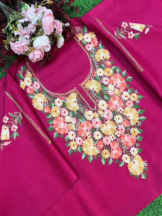 Hot Pink Woollen Aari Embroidered 2pc suit 5mtr