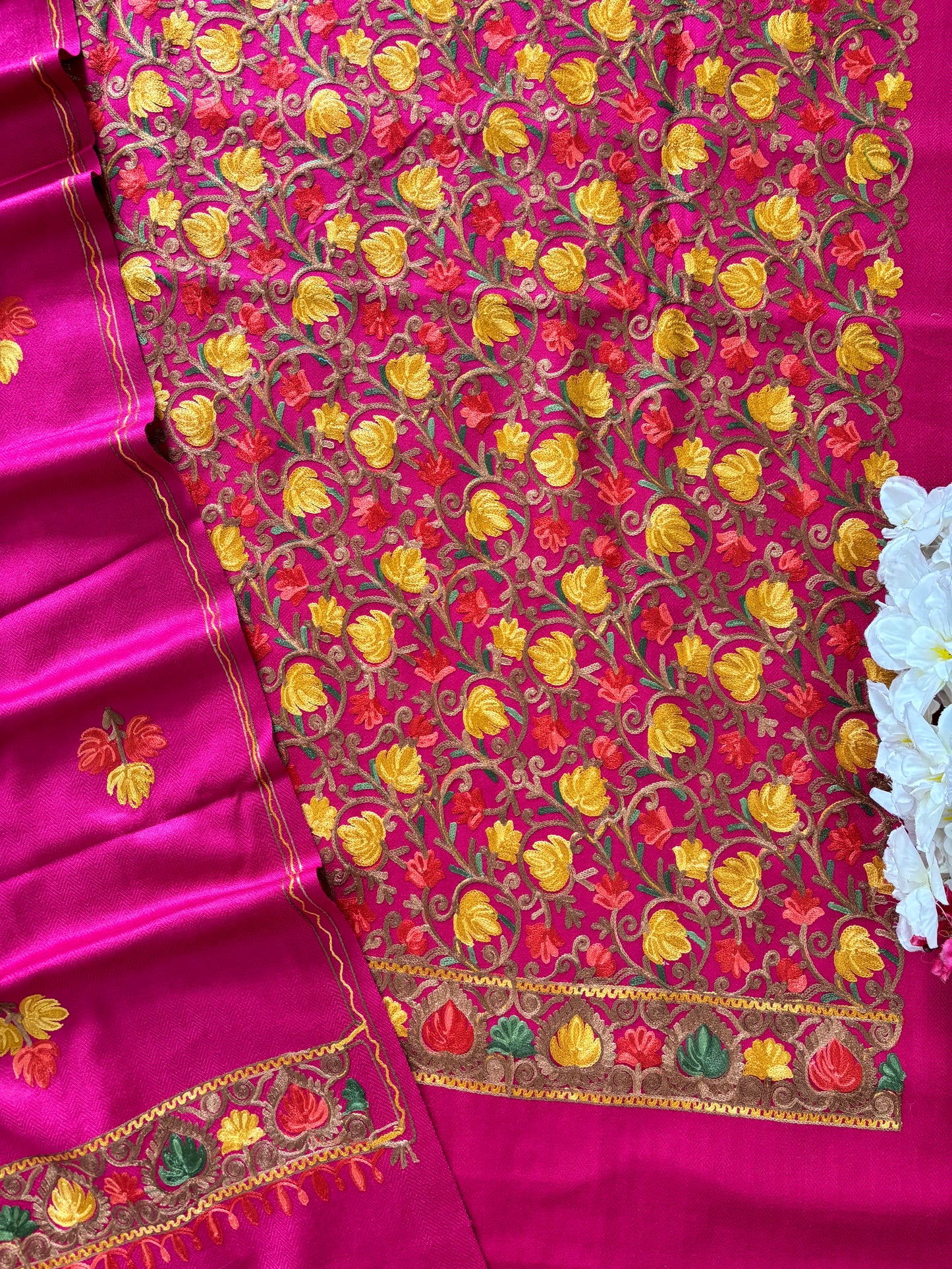 Hot Pink Chinar Woollen Aari Embroidered 3pc Suit Stole