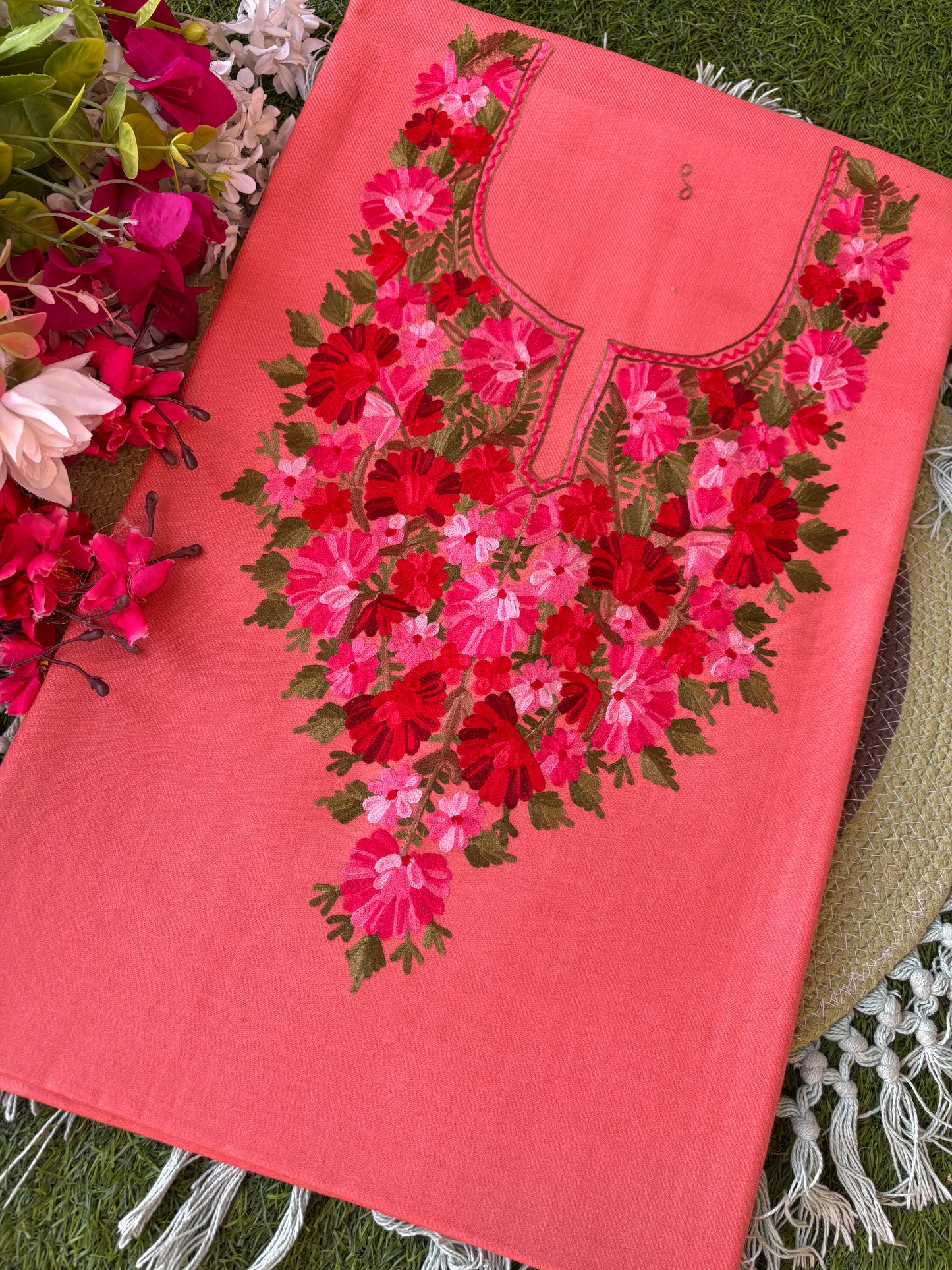 Soft Pink Woollen Aari Embroidered 2pc suit 5mtr