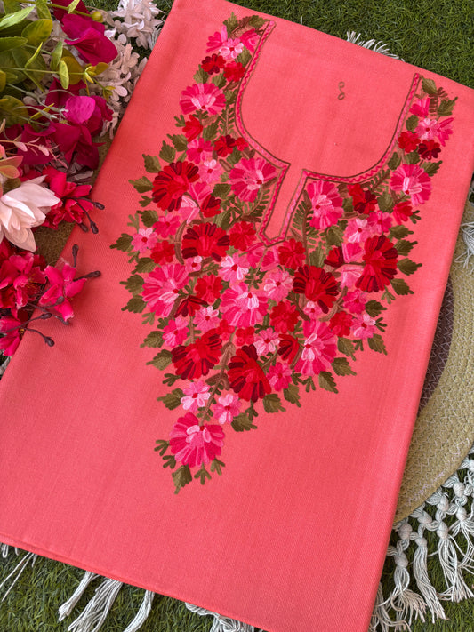 Soft Pink Woollen Aari Embroidered 2pc suit 5mtr