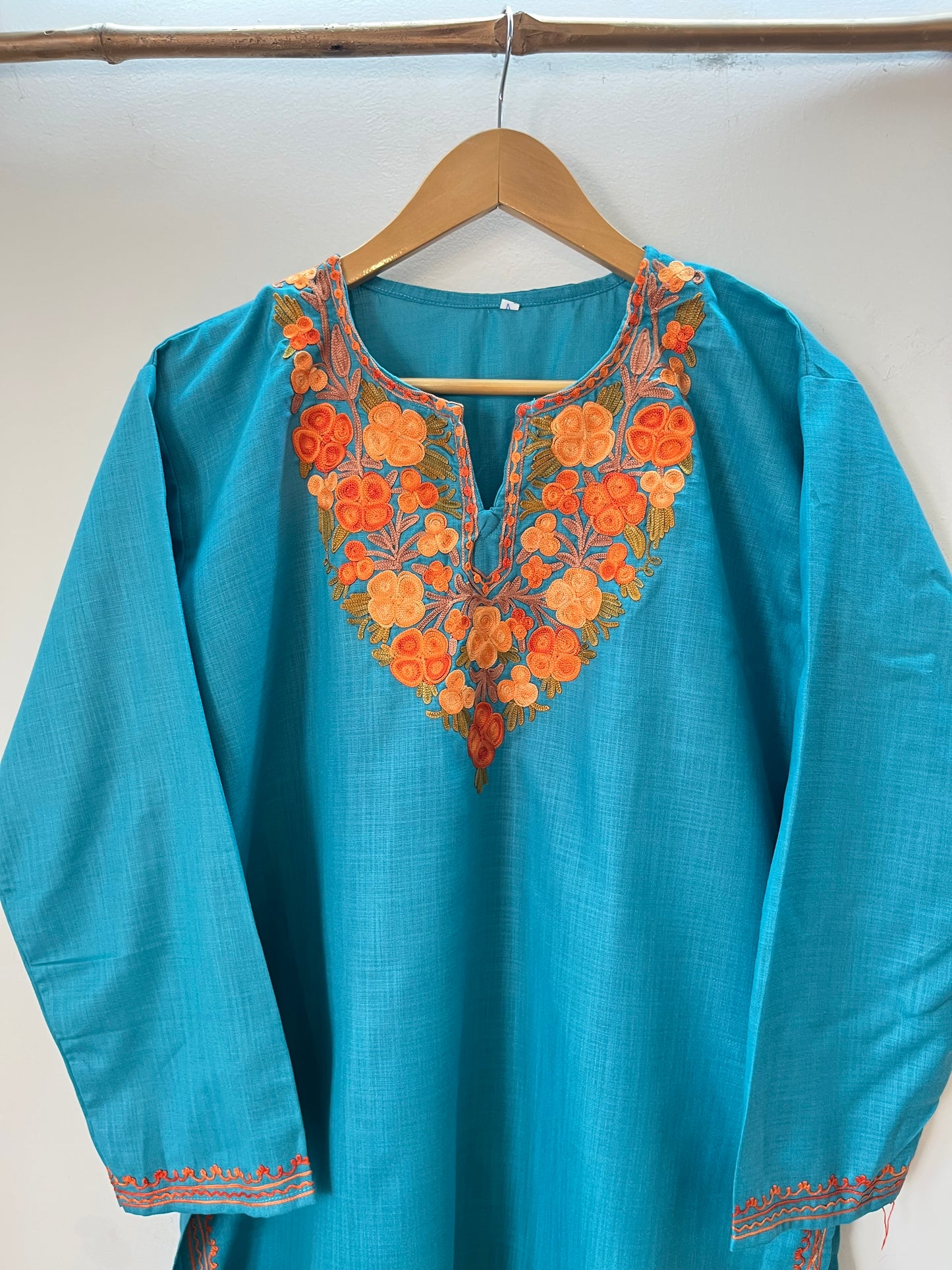 Sky Blue Cotton Aari Work Kurta