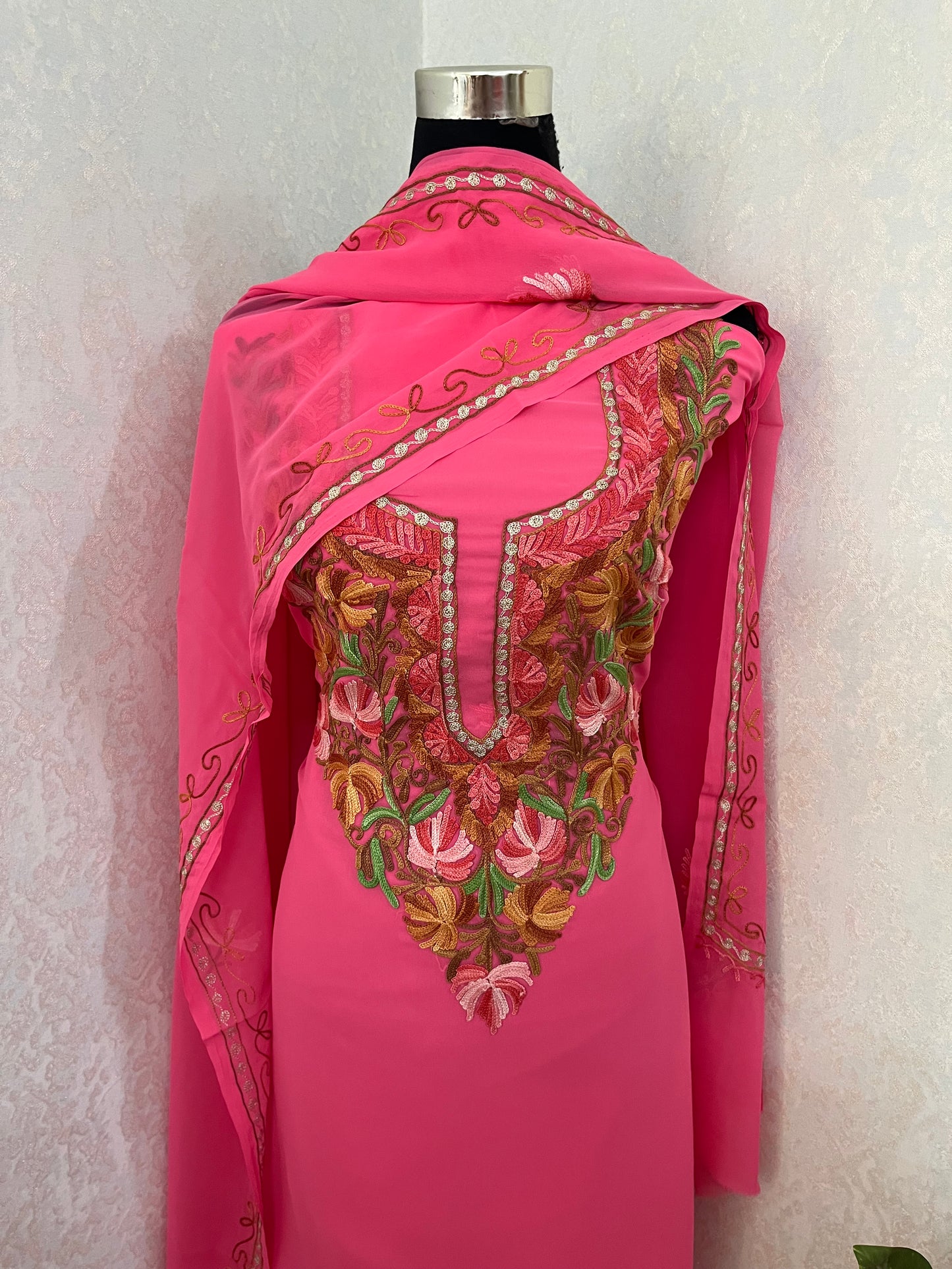 Candy Pink Georgette Shirt and Dupatta Aari Embroidered Suit