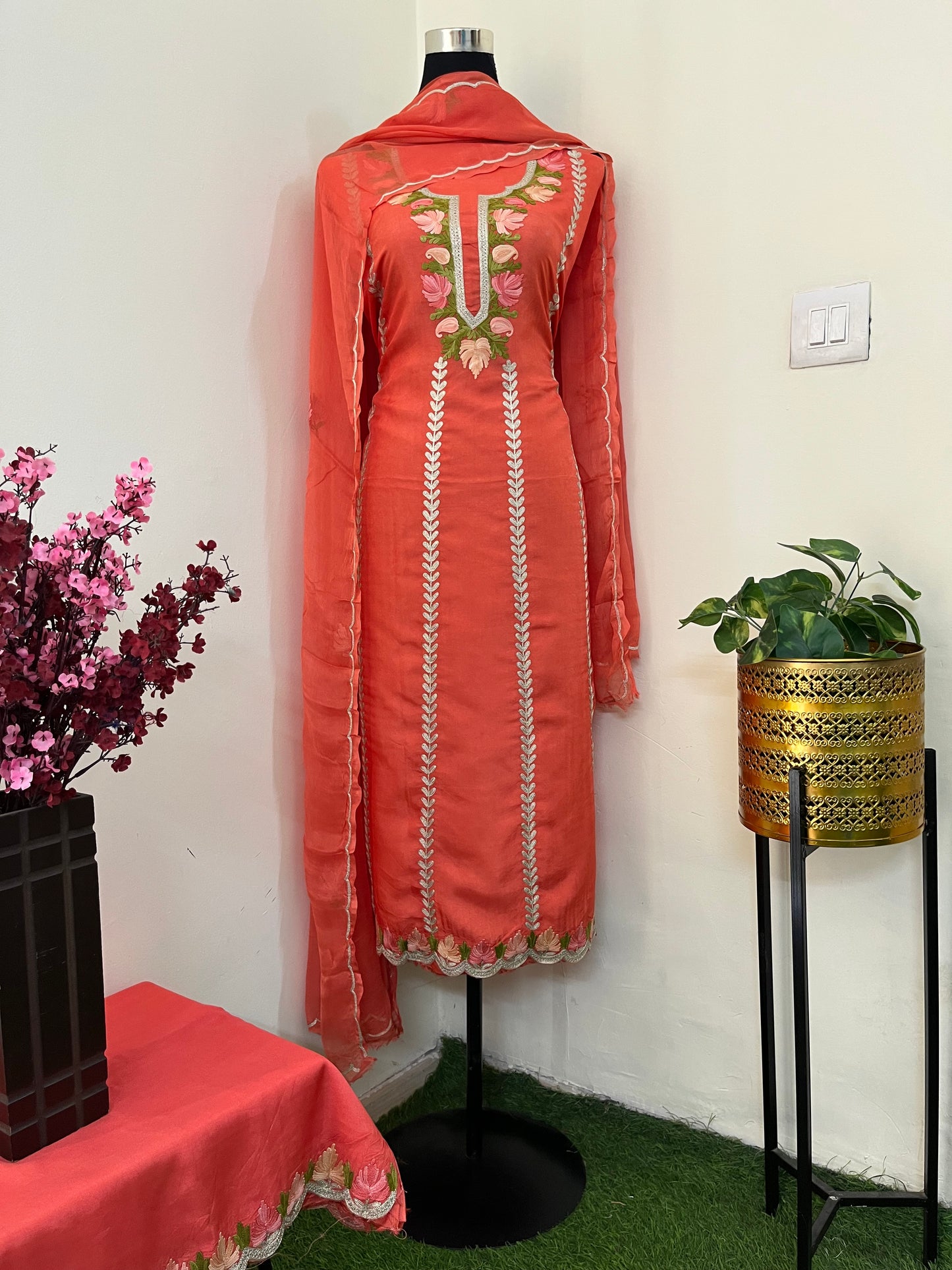 Sanam’ Orange Silk Aari Embroidered Suit material
