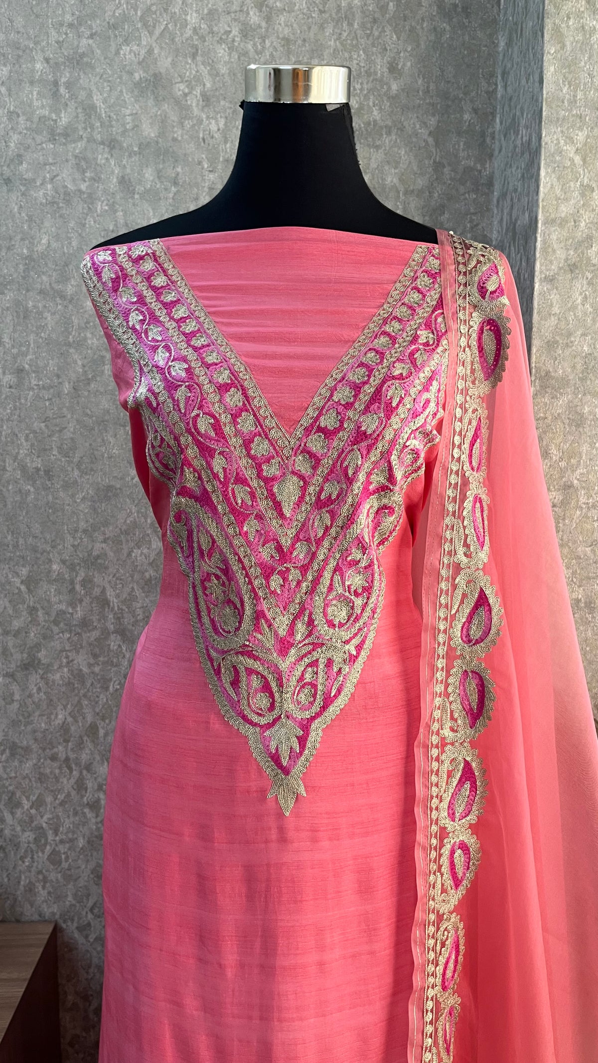 Bubbly Pink Russian Silk Kashmiri Suit