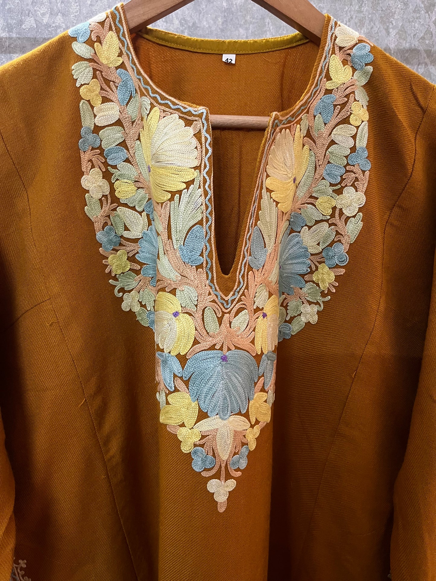 Mustard Yellow Aari Embroidered Wool Pheran