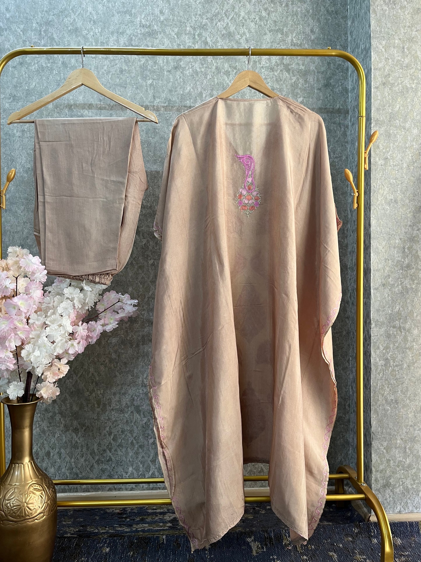 Beige Opada Silk Kashmiri Kaftan Set