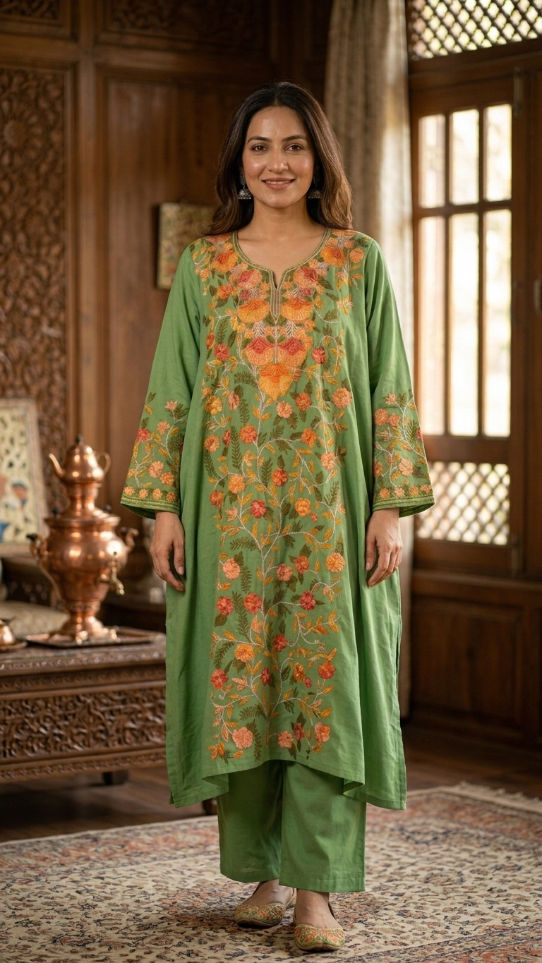 Green Yellow Cotton Front Jaal Pheran Set Size (44)