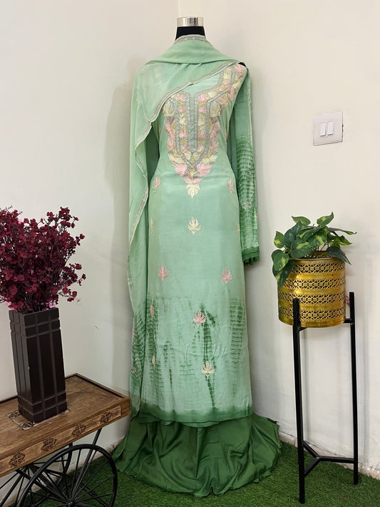 Tea Green Mul Cotton Shibori Work Kashmiri 3pc Suit
