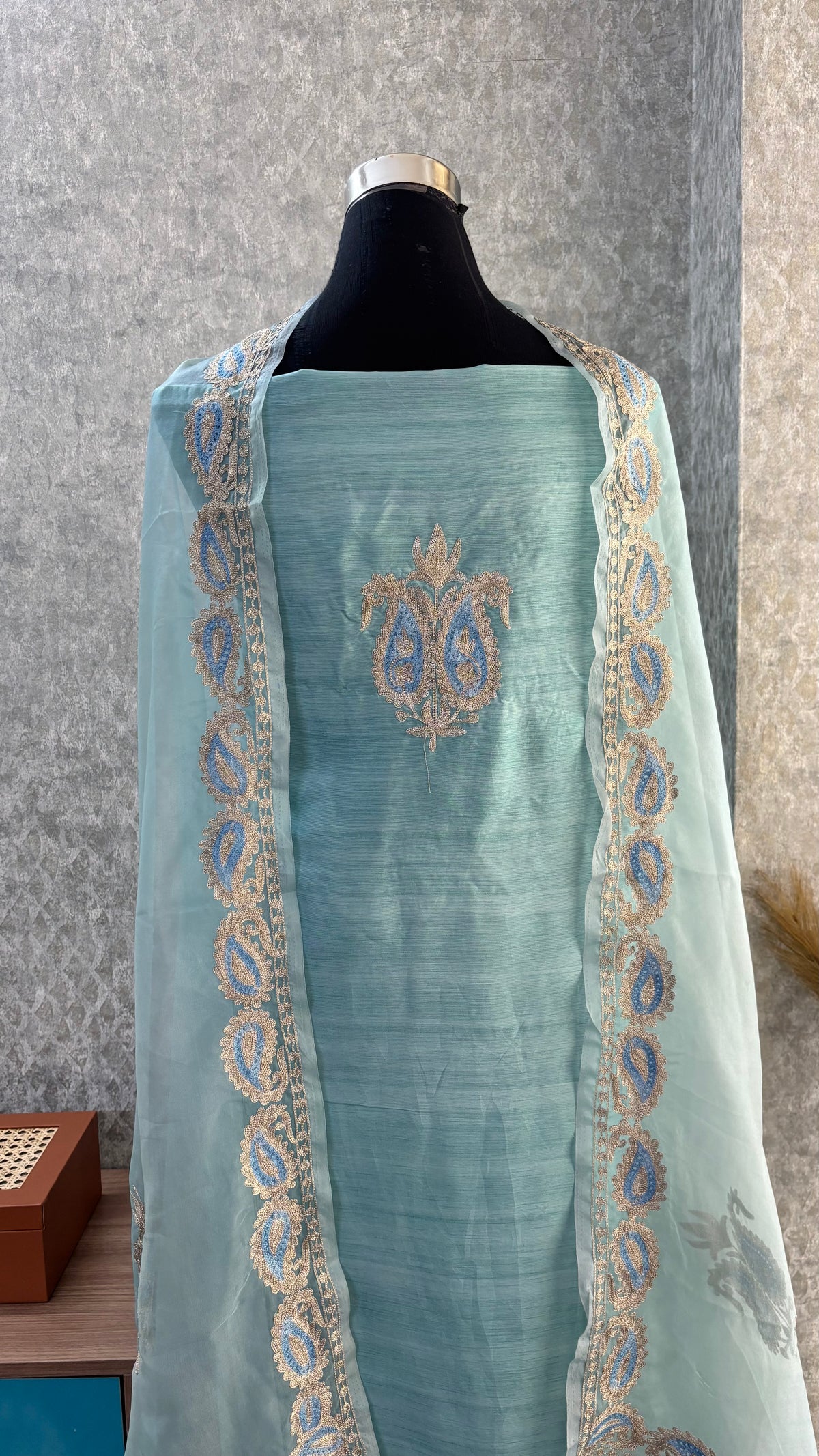 Baby Blue Russian Silk Kashmiri Suit