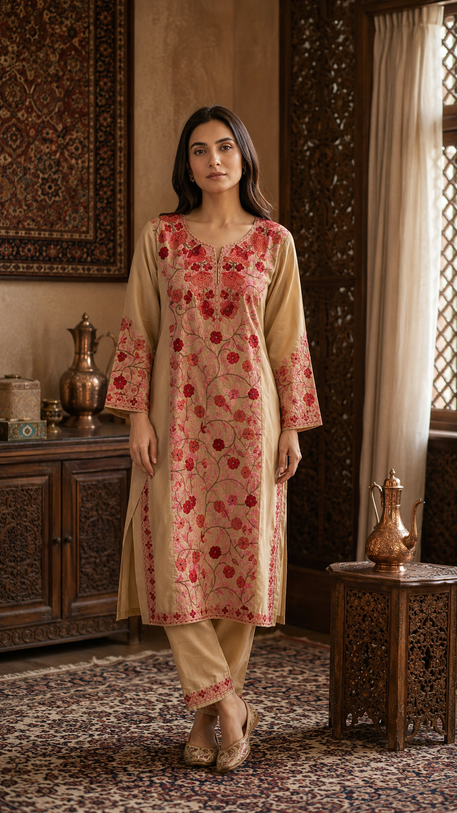 Beige Cotton Front Jaal Pheran Set