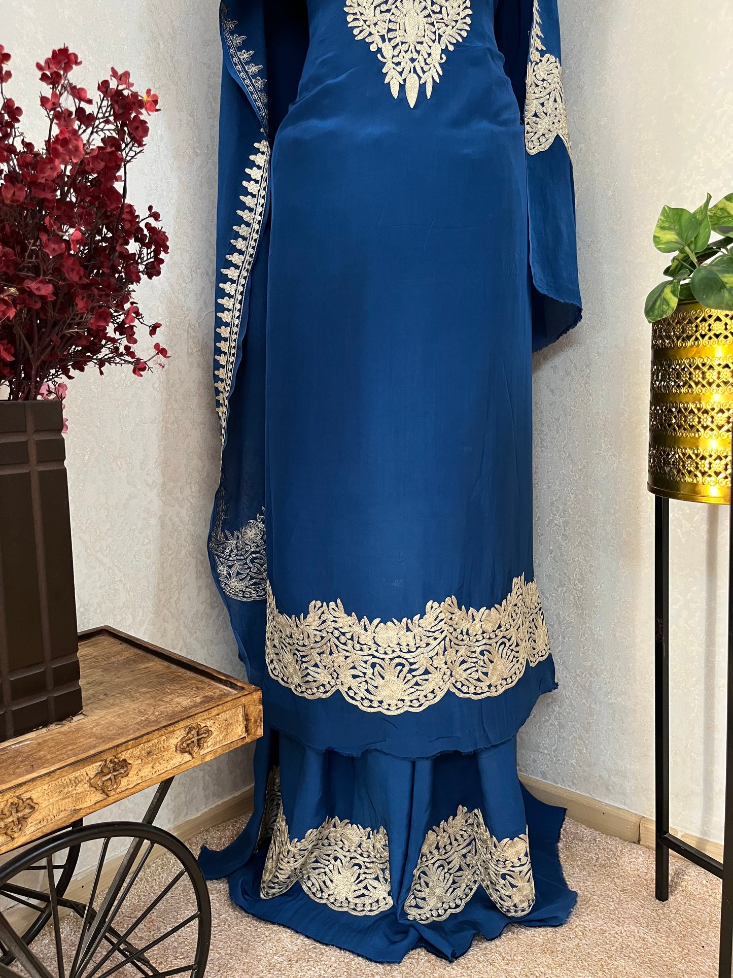 Electric Blue Crape Kashmiri Suit