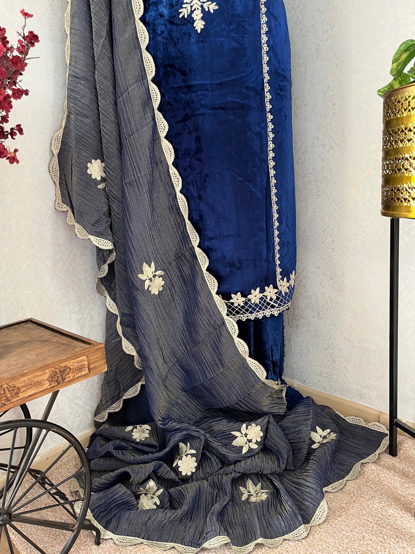 Navy Blue Tilla Pure Makhmal 3pc Suit