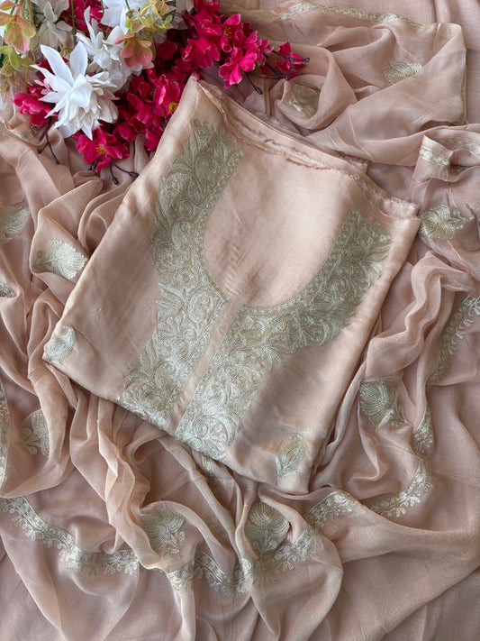 Peach Pink Sanam’ Silk Tilla Kashmiri Suit