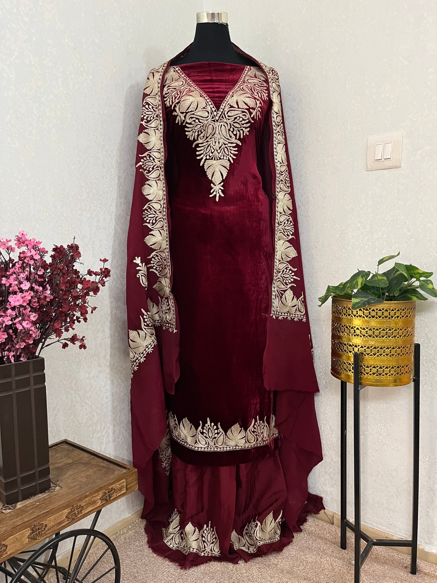 Maroon Tilla Makhmal 3pc Suit