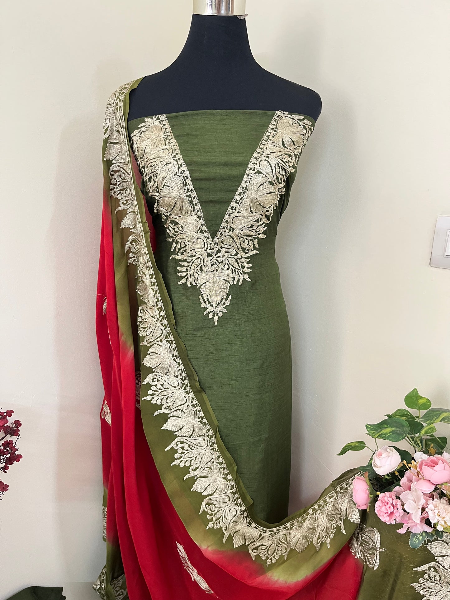 Sanam Army Green Silk Kashmiri Suit