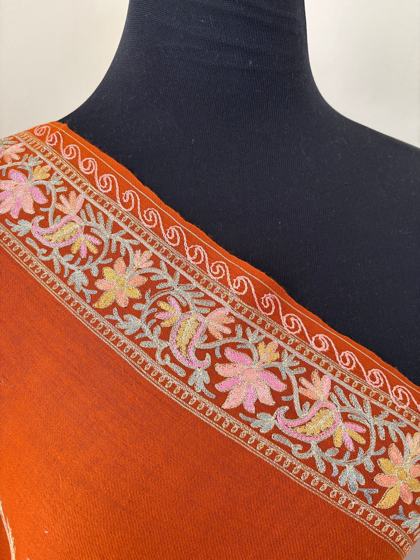 Orange Silk Thread Ambi Aangan Embroidered Fine Semi Pashmina stole