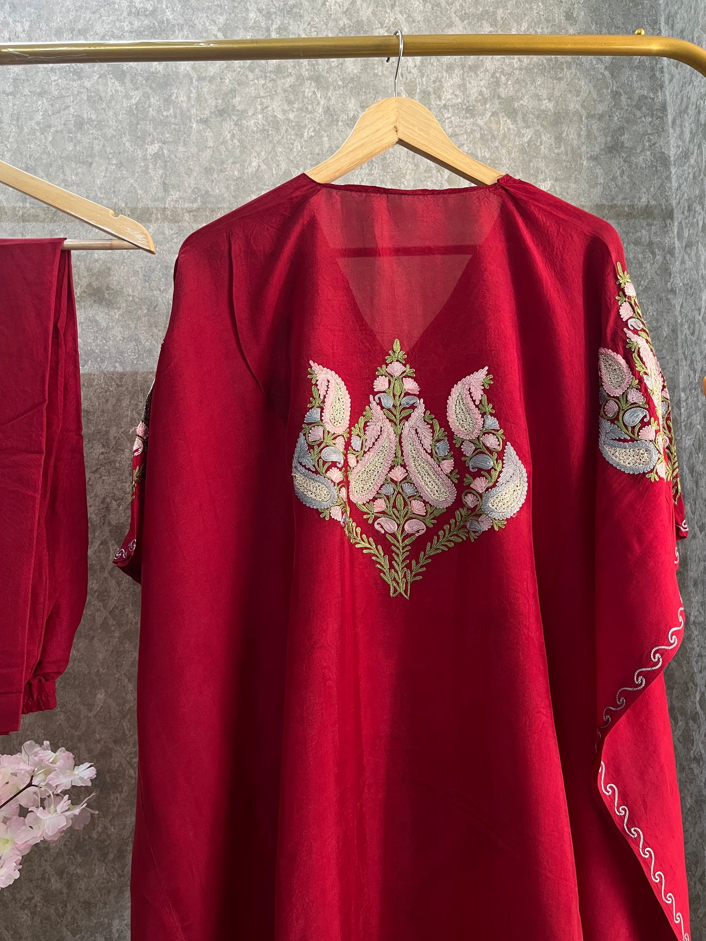 Maroon Opada Silk Kashmiri Kaftan Set