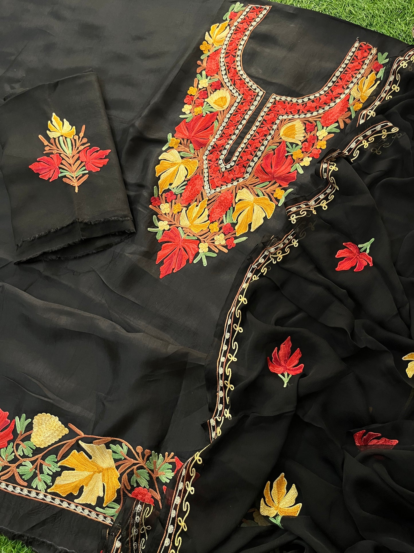 Black Opada Silk Aari Embroidered Suit material