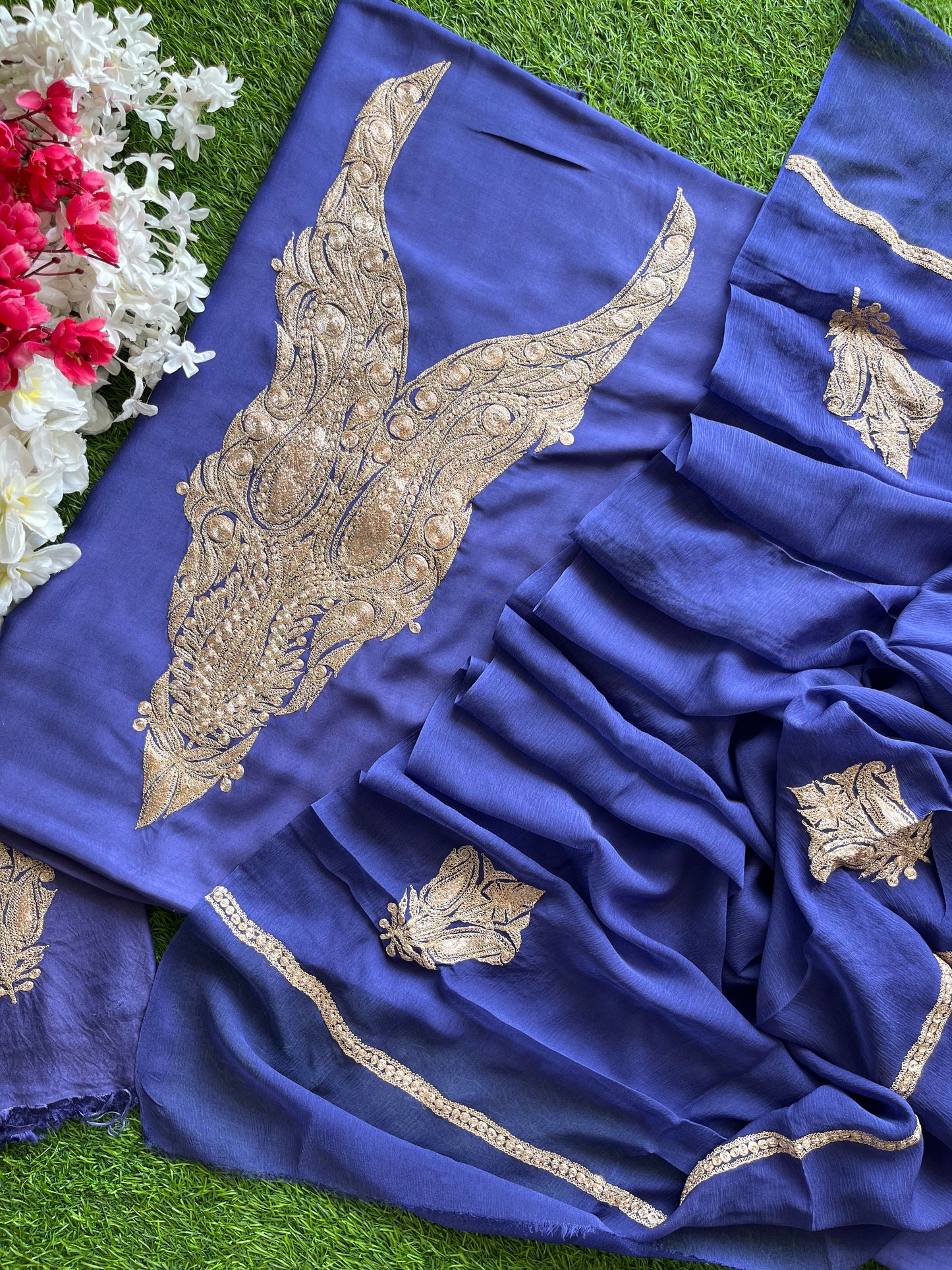 ‘Kalaa’ Blue Muslin Silk Tilla Embroidered Suit material