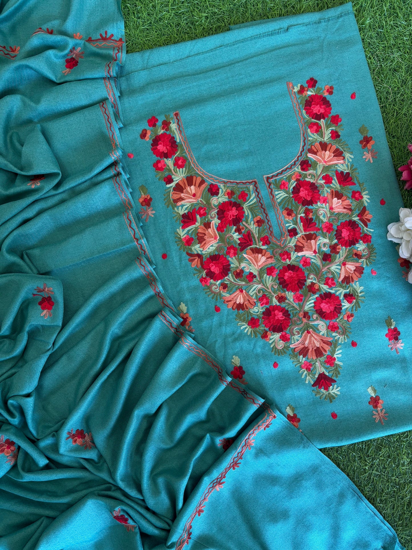 Aqua Blue Woollen Aari Embroidered 3pc suit