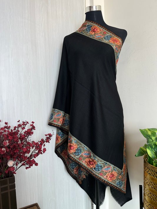 Black Silk Thread Border Embroidered Fine Semi Pashmina stole