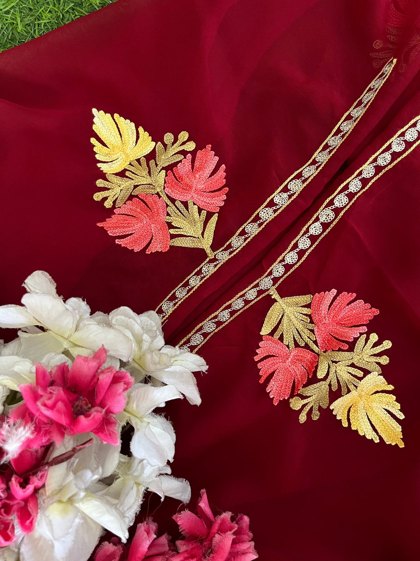 Maroon Georgette 3 Pc Aari Embroidered Suit Set