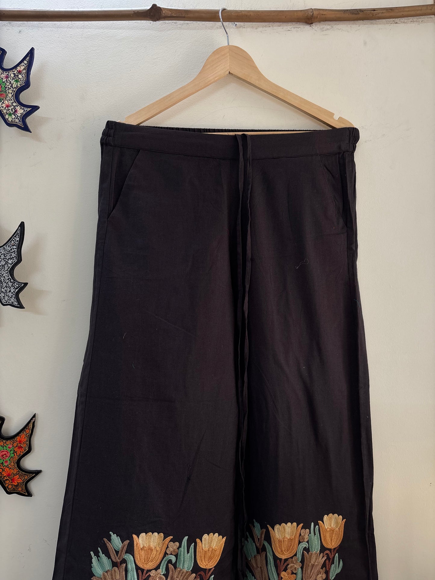 Women Charcoal Grey Wide Leg Aari Embroidered Palazzos ‘M’
