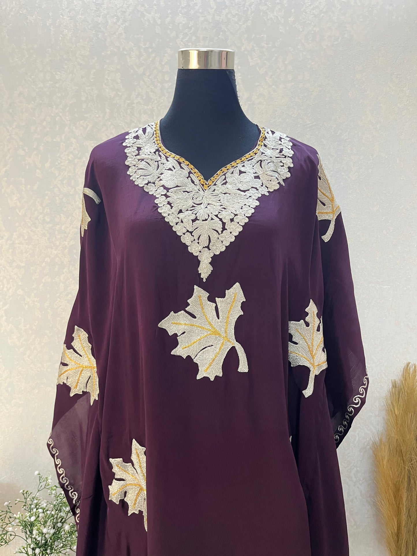 Wine Crape Kashmiri Kaftan Set