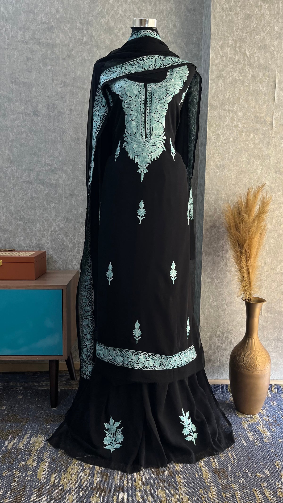 Georgette Black 3 Pc Kashmiri Suit