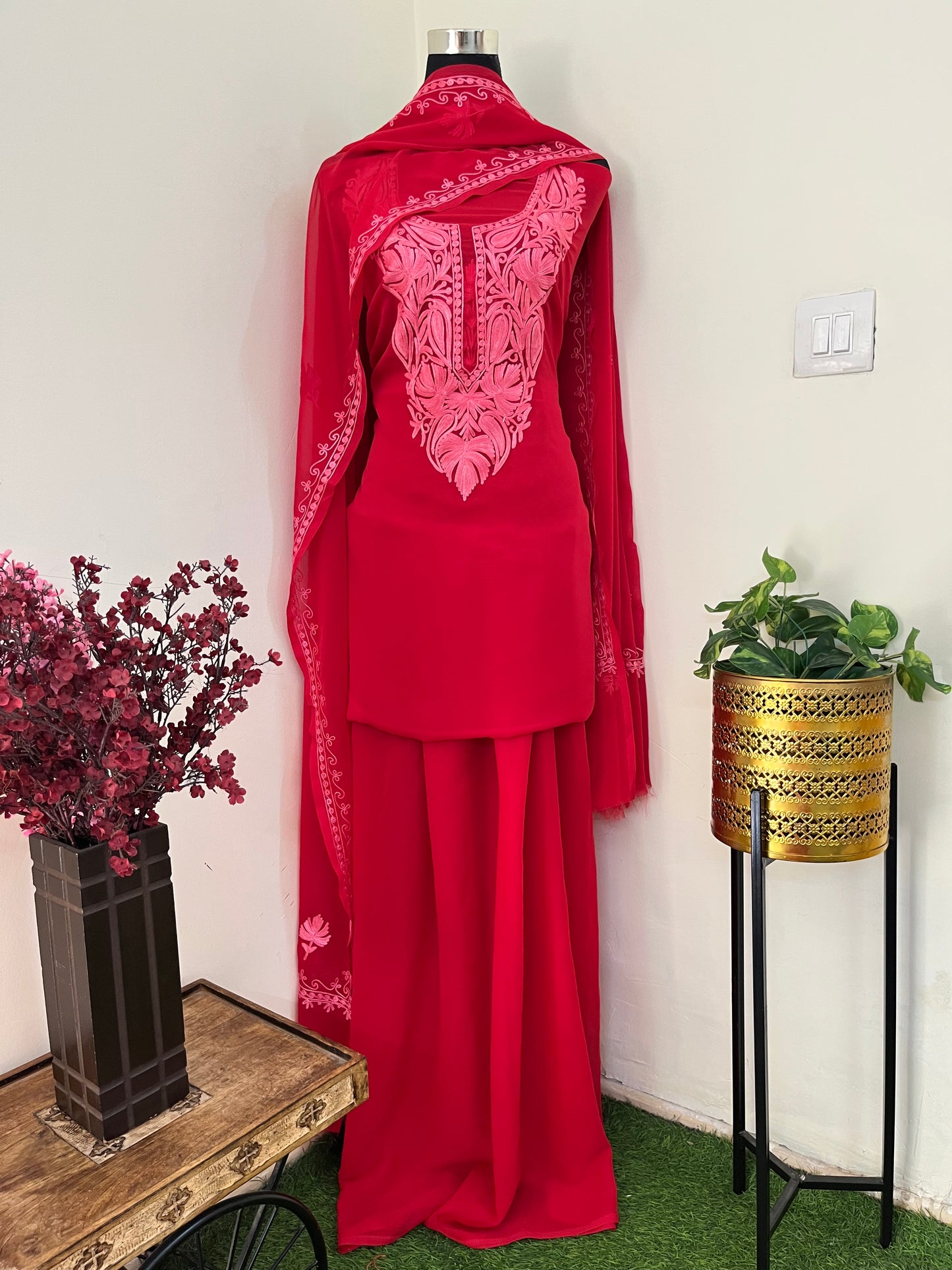 Red Georgette  3 Pc Aari Embroidered Suit Set
