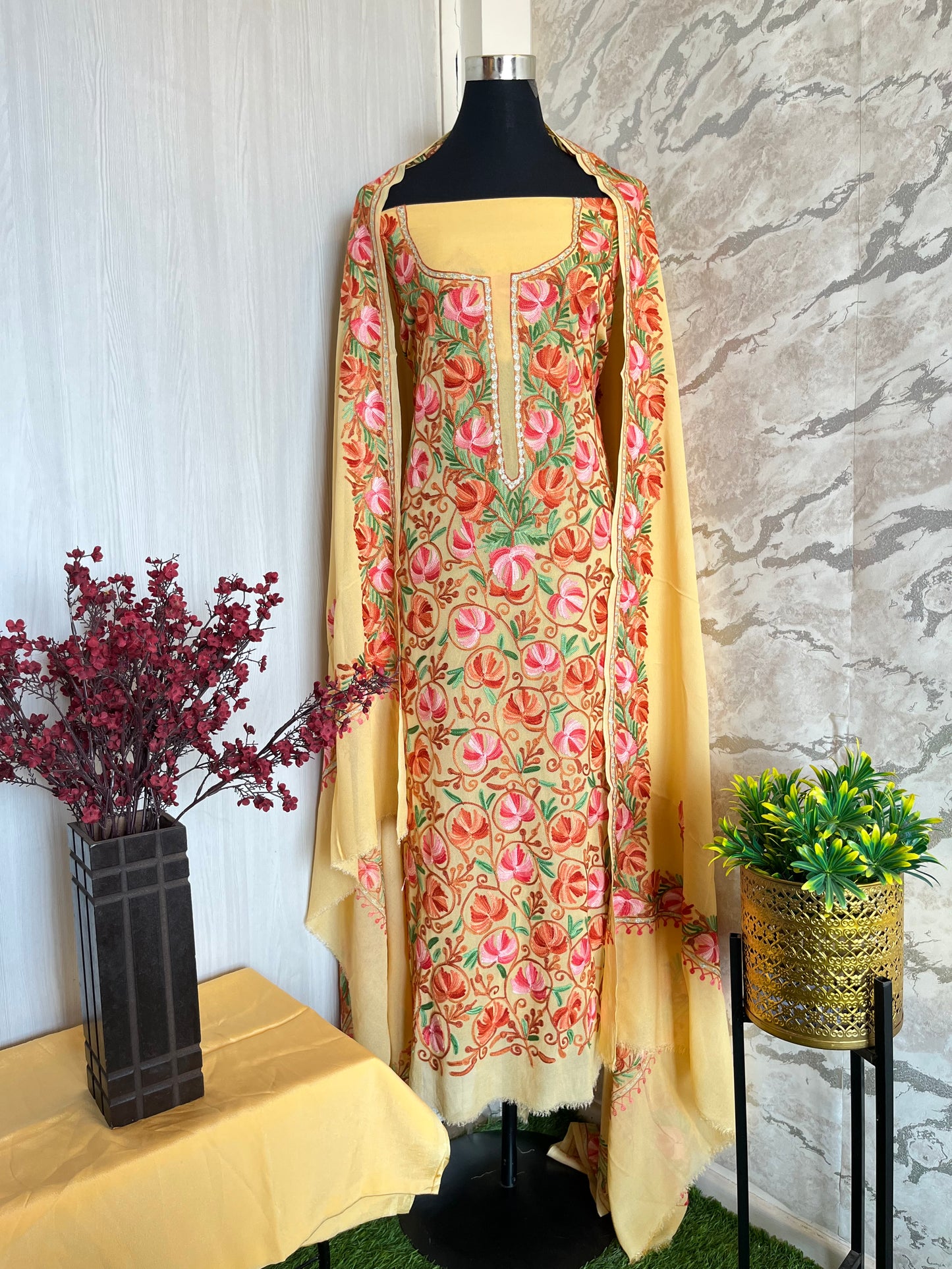 Yellow Pure Georgette Aari Embroidered Suit