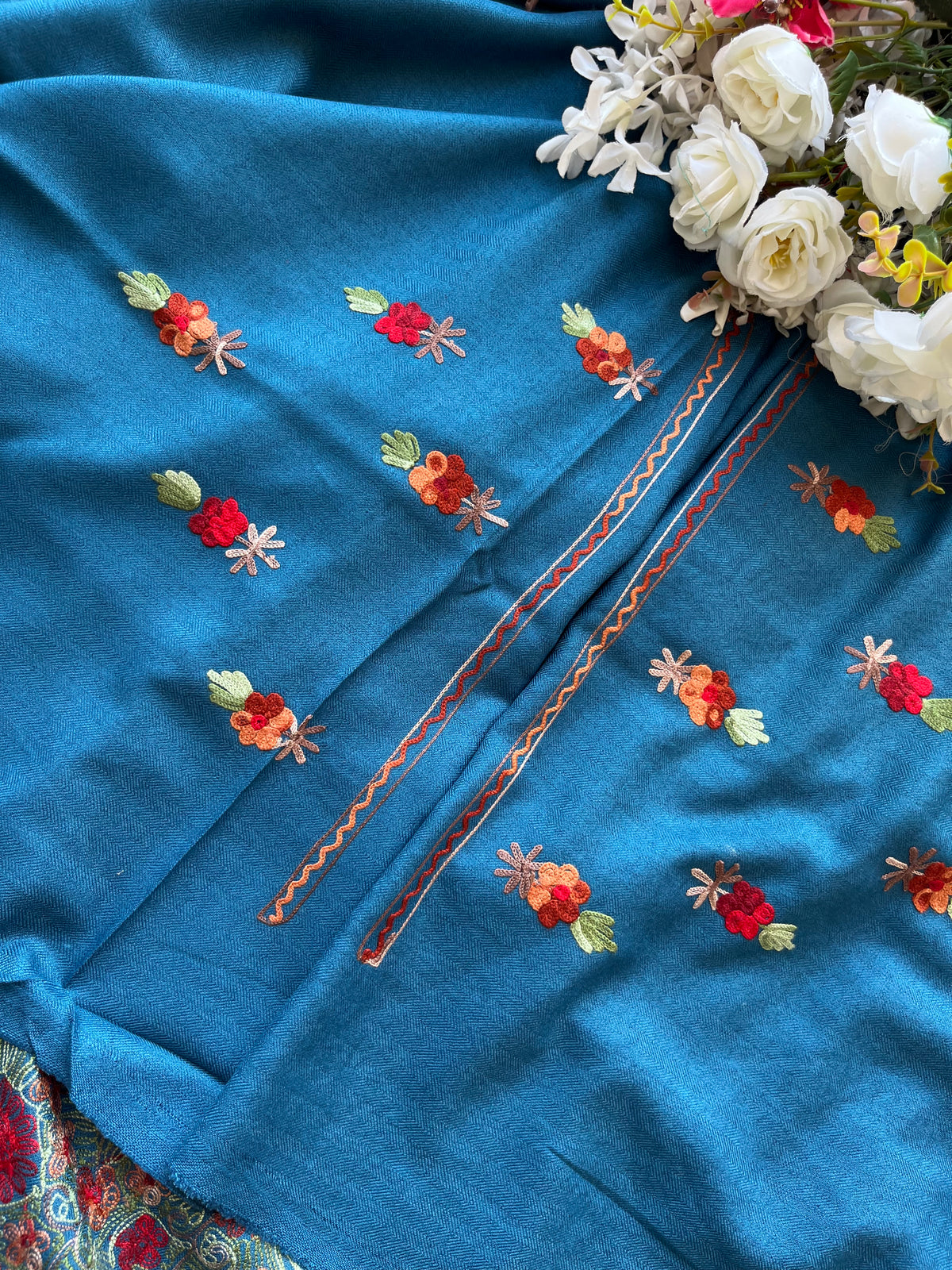 Peacock Blue Woollen Aari Embroidered 3pc suit
