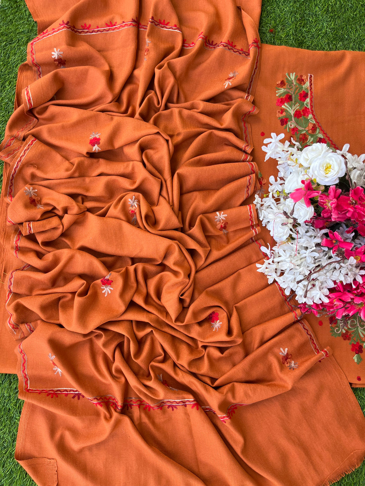 Orange Woollen Aari Embroidered 3pc suit