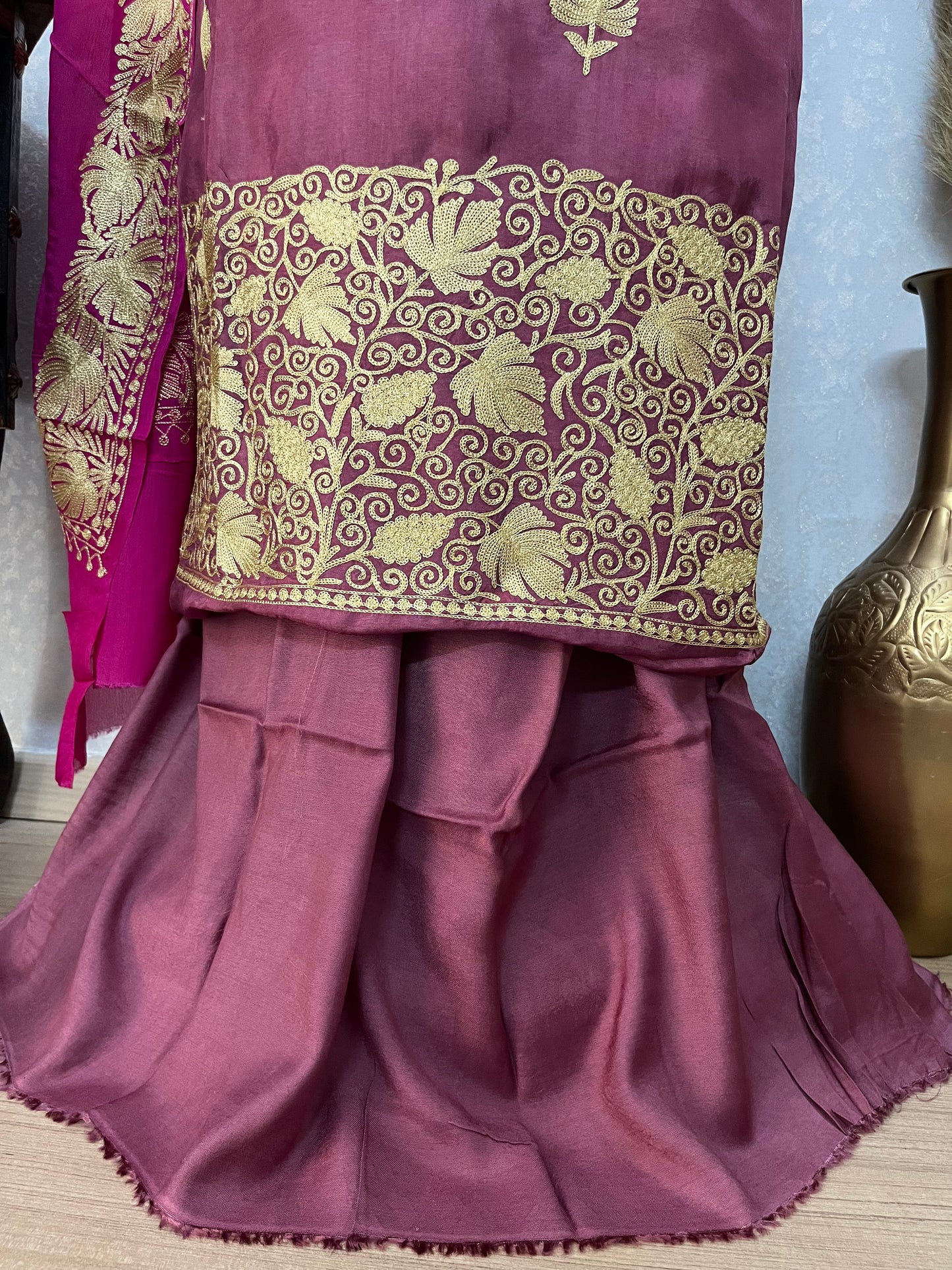 ‘Kalaa’ Onion Pink Opada Silk Tilla Embroidered Suit material