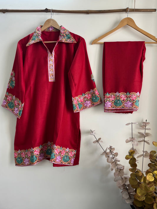 Red Woollen Stitched Co-ord Set (XL)