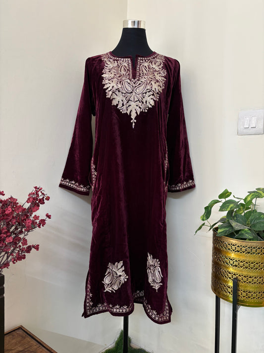 Wine Tilla Embroidered Velvet Pheran