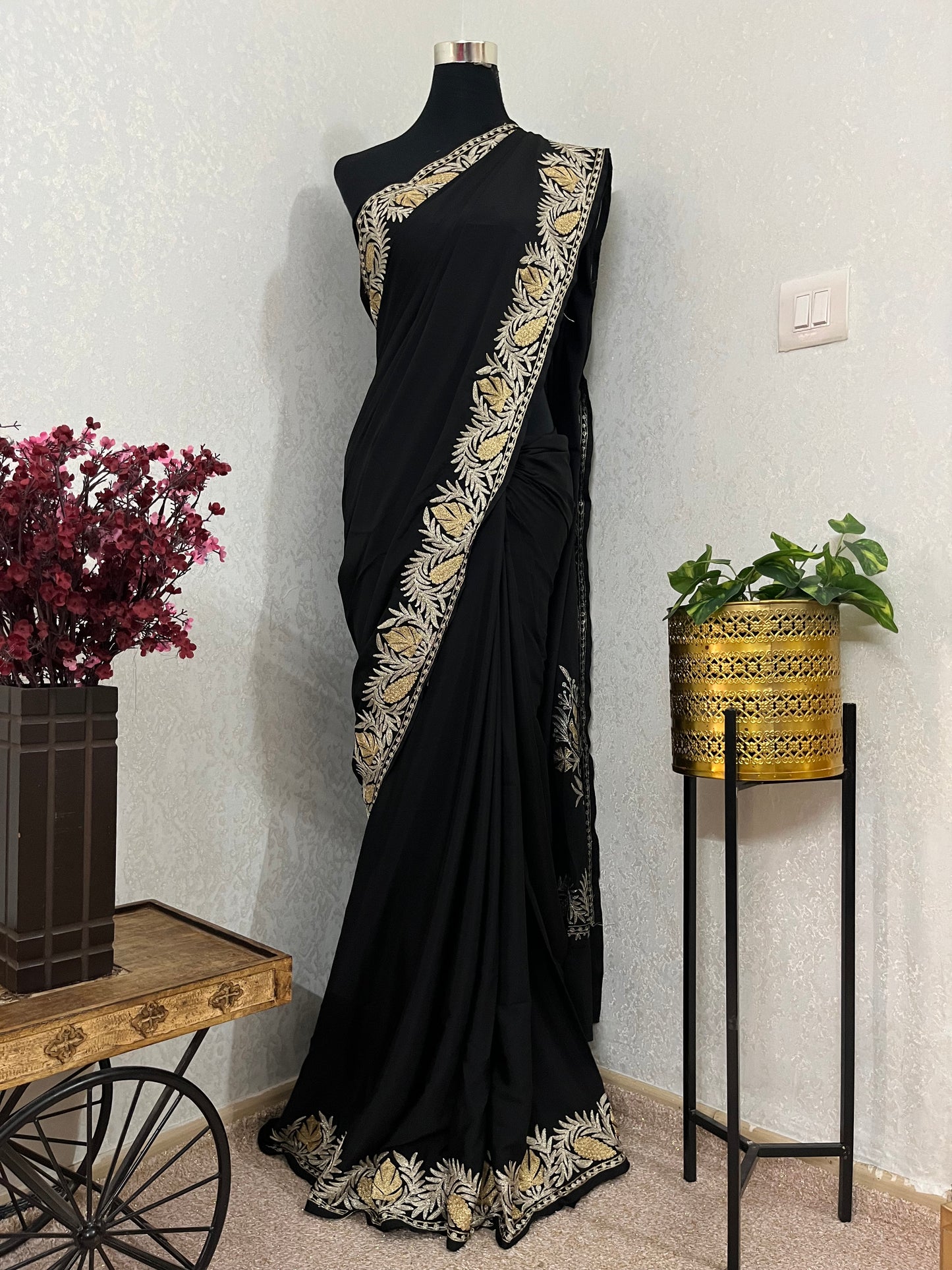 Black Crape Kashmiri Saree