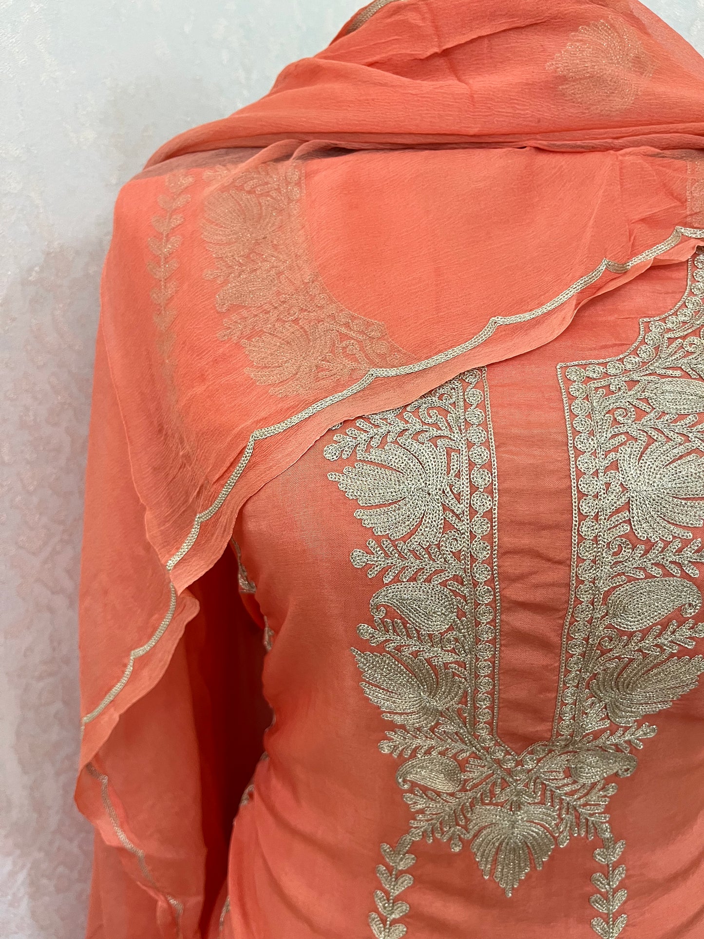 Sanam’ Peach Silk Tilla Embroidered Suit material